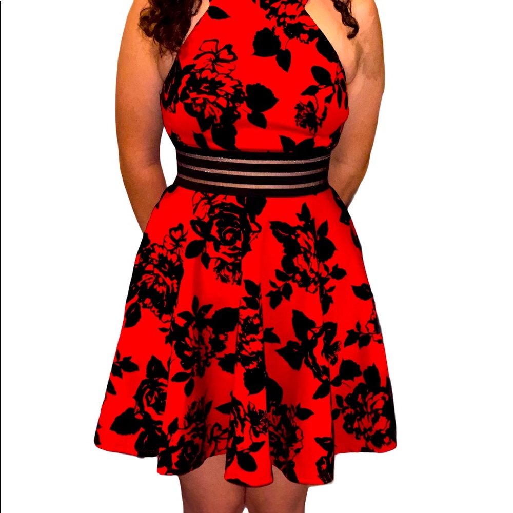 Beautiful red dress with black brocade